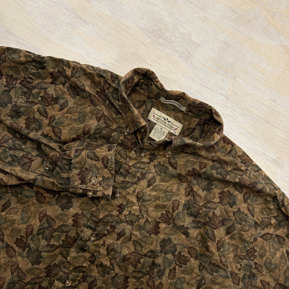 Natural Issue Button Down Shirt Leaf Print Wrinkle Free Brown Mens Size M